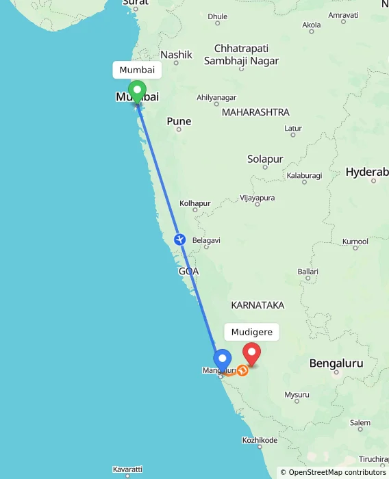 Route map showing distance and travel time from Mumbai, India to Mudigere, India