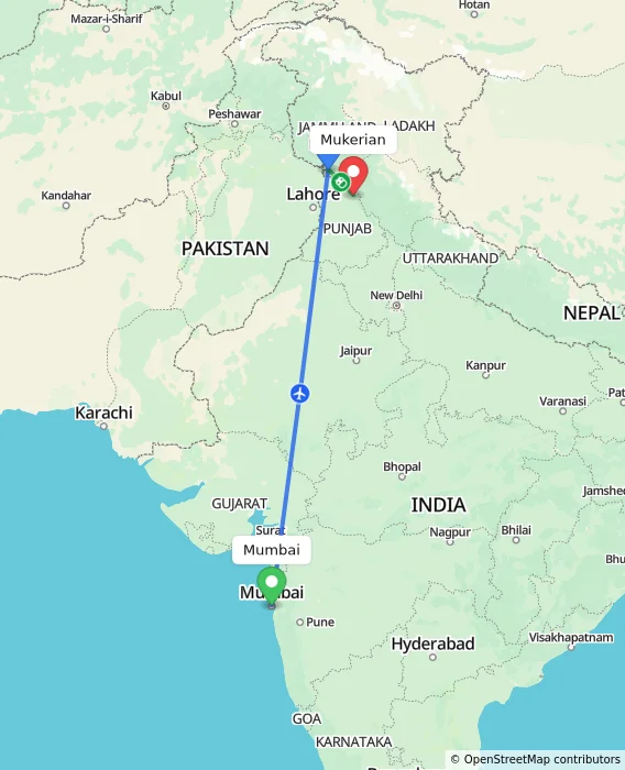 Route map showing distance and travel time from Mumbai, India to Mukerian, India