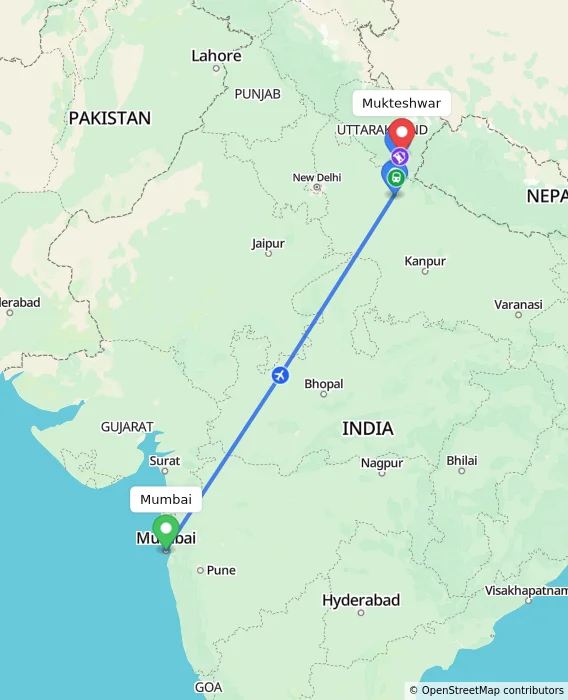 Route map showing distance and travel time from Mumbai, India to Mukteshwar, India