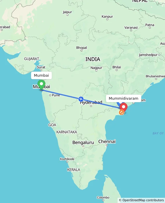 Route map showing distance and travel time from Mumbai, India to Mummidivaram, India
