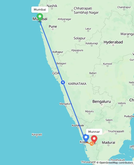 Route map showing distance and travel time from Mumbai, India to Munnar, India