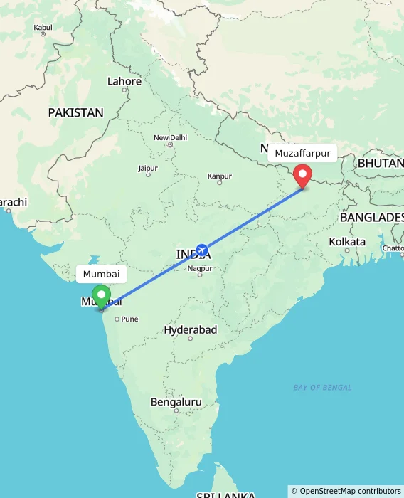 Route map showing distance and travel time from Mumbai, India to Muzaffarpur, India