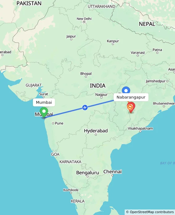 Route map showing distance and travel time from Mumbai, India to Nabarangapur, India