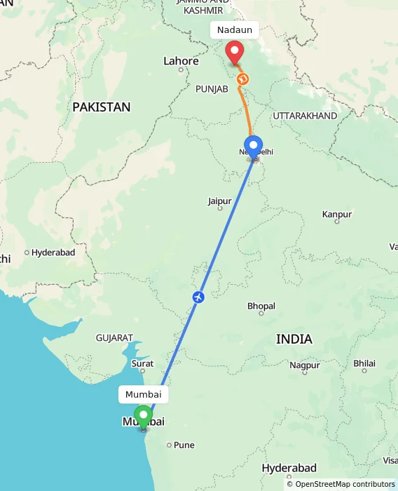 Route map showing distance and travel time from Mumbai, India to Nadaun, India
