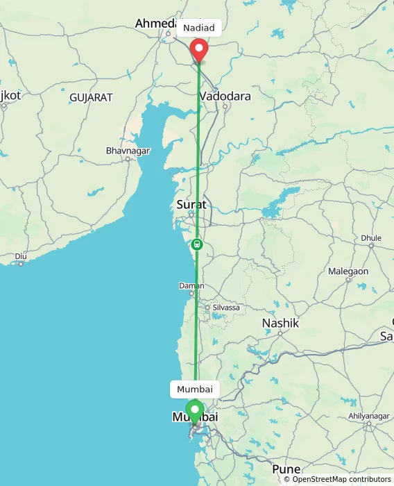 Route map showing distance and travel time from Mumbai, India to Nadiad, India