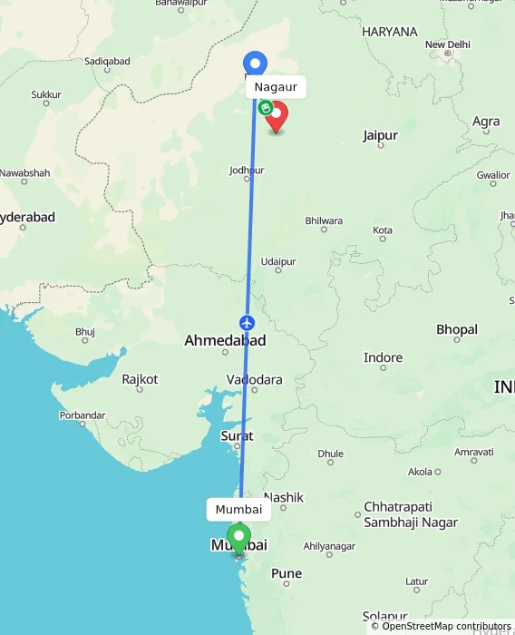 Route map showing distance and travel time from Mumbai, India to Nagaur, India