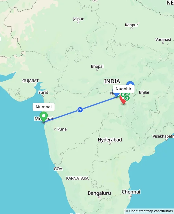 Route map showing distance and travel time from Mumbai, India to Nagbhir, India