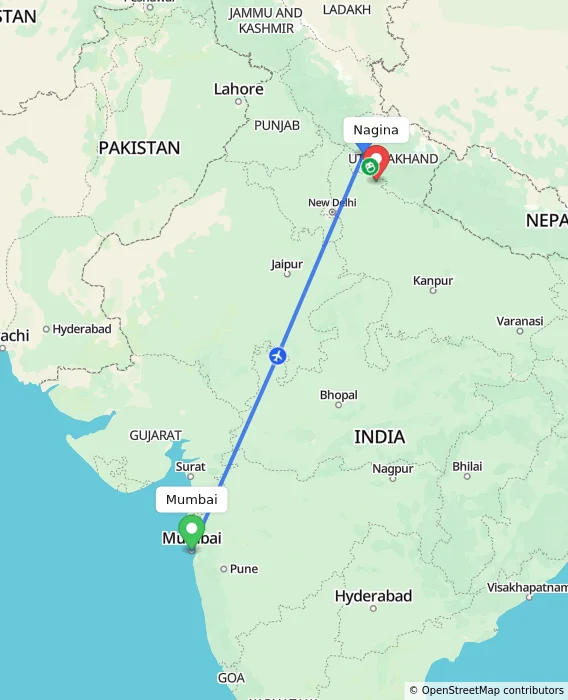 Route map showing distance and travel time from Mumbai, India to Nagina, India