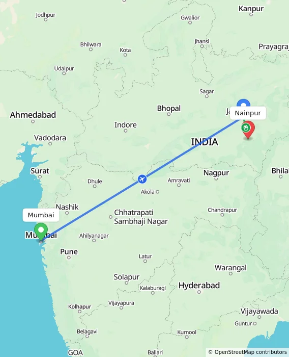 Route map showing distance and travel time from Mumbai, India to Nainpur, India