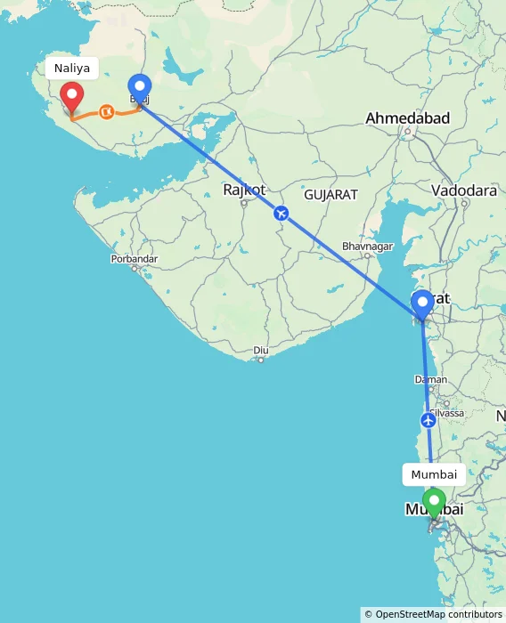 Route map showing distance and travel time from Mumbai, India to Naliya, India