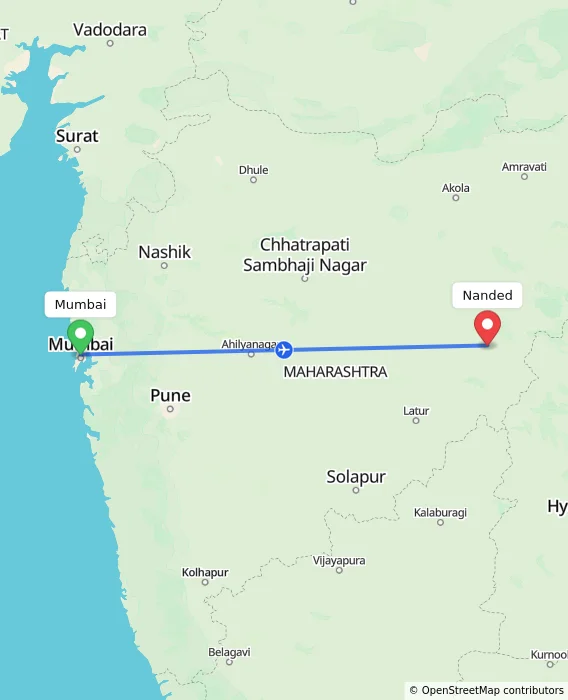 Route map showing distance and travel time from Mumbai, India to Nanded, India