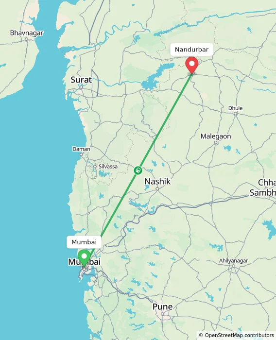 Route map showing distance and travel time from Mumbai, India to Nandurbar, India