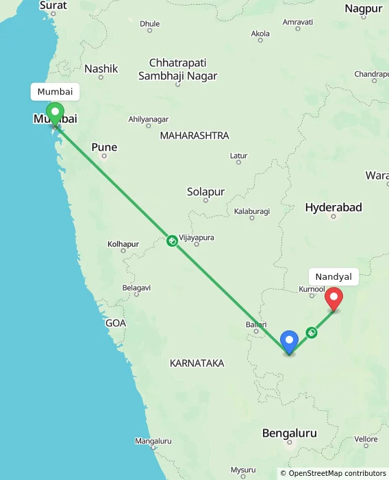 Route map showing distance and travel time from Mumbai, India to Nandyal, India