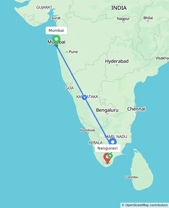 Route map showing distance and travel time from Mumbai, India to Nanguneri, India
