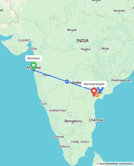 Route map showing distance and travel time from Mumbai, India to Narasaraopet, India