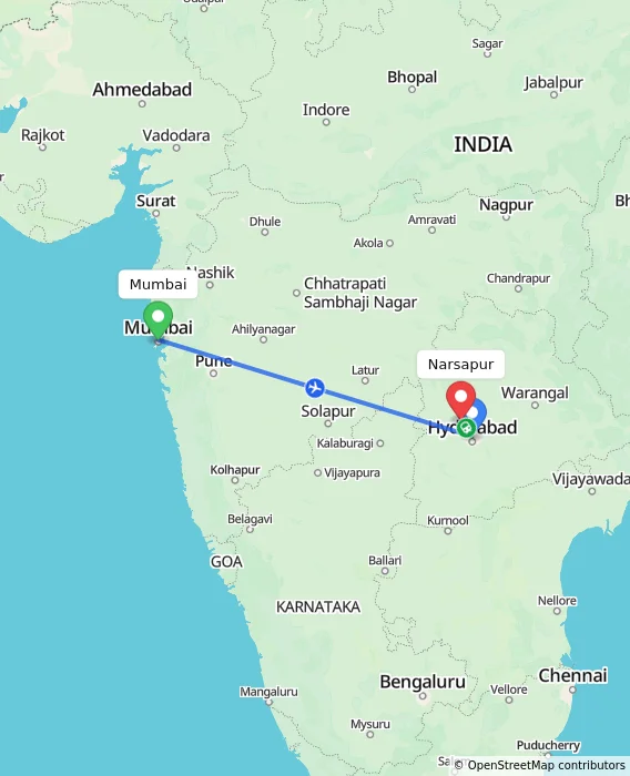 Route map showing distance and travel time from Mumbai, India to Narsapur, India