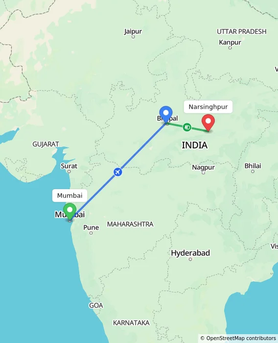 Route map showing distance and travel time from Mumbai, India to Narsinghpur, India