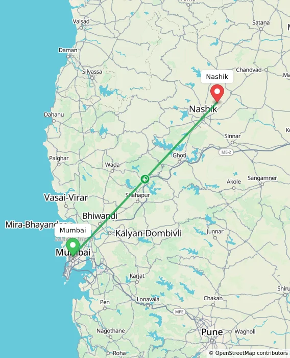 Route map showing distance and travel time from Mumbai, India to Nashik, India