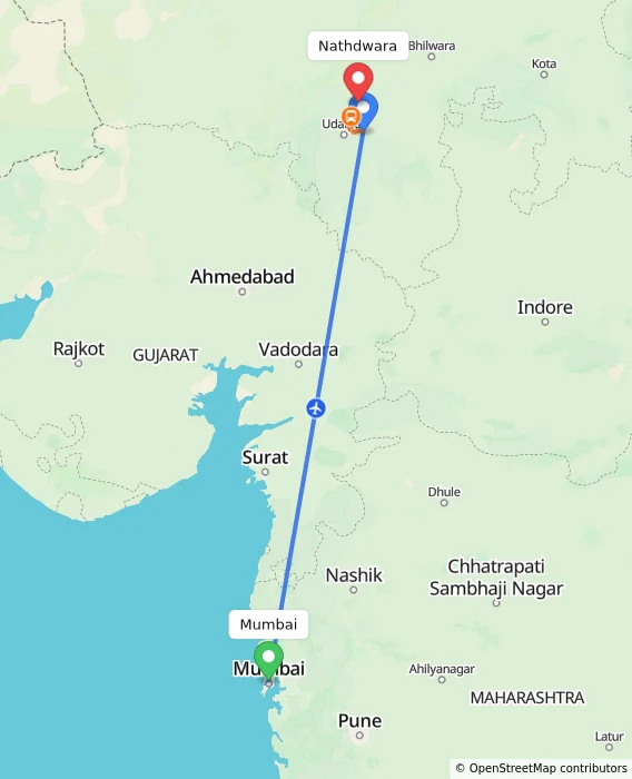 Route map showing distance and travel time from Mumbai, India to Nathdwara, India