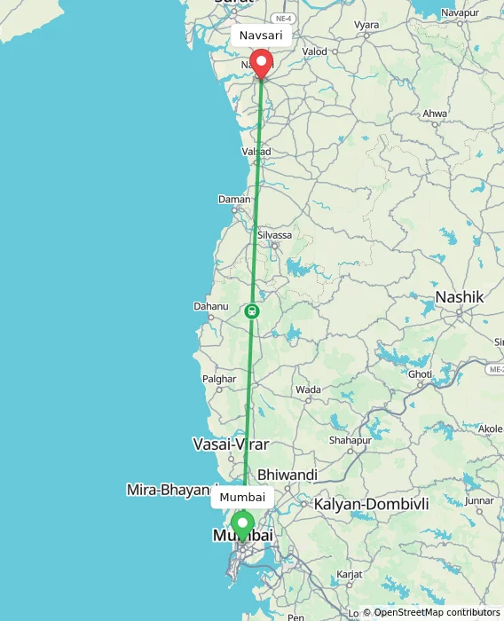 Route map showing distance and travel time from Mumbai, India to Navsari, India