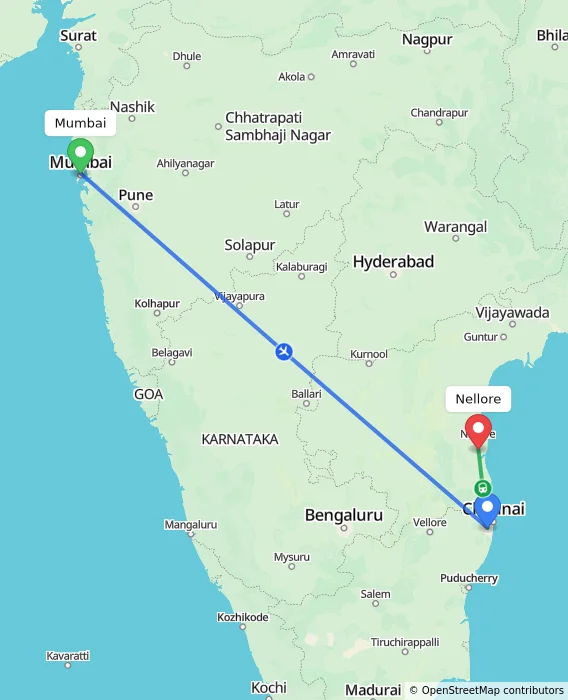 Route map showing distance and travel time from Mumbai, India to Nellore, India