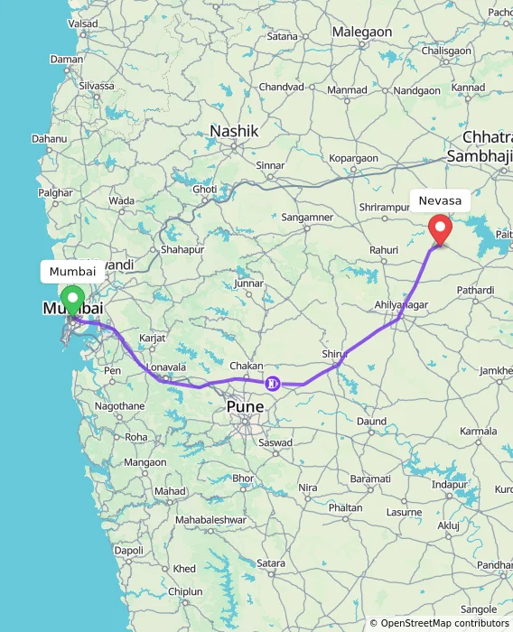 Route map showing distance and travel time from Mumbai, India to Nevasa, India