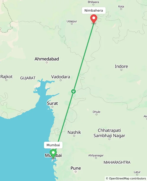 Route map showing distance and travel time from Mumbai, India to Nimbahera, India