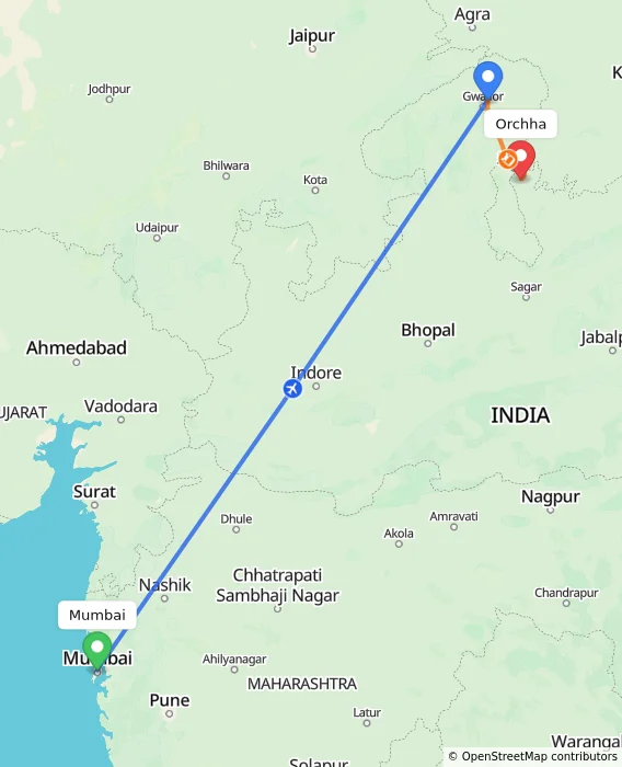 Route map showing distance and travel time from Mumbai, India to Orchha, India