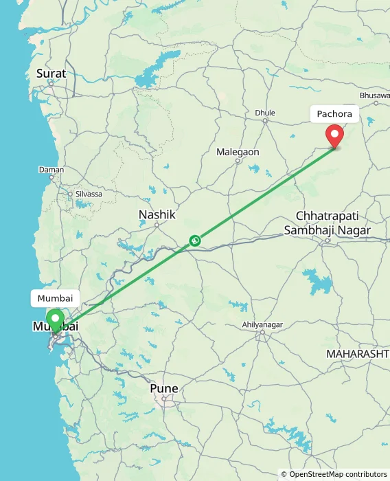 Route map showing distance and travel time from Mumbai, India to Pachora, India