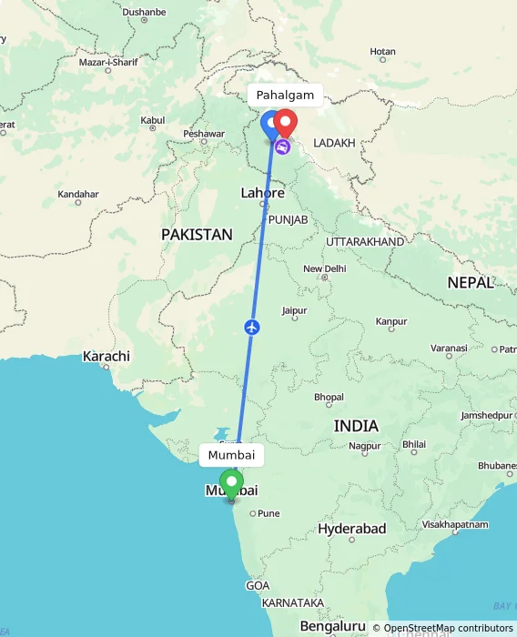 Route map showing distance and travel time from Mumbai, India to Pahalgam, India