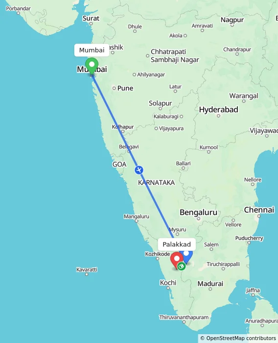 Route map showing distance and travel time from Mumbai, India to Palakkad, India