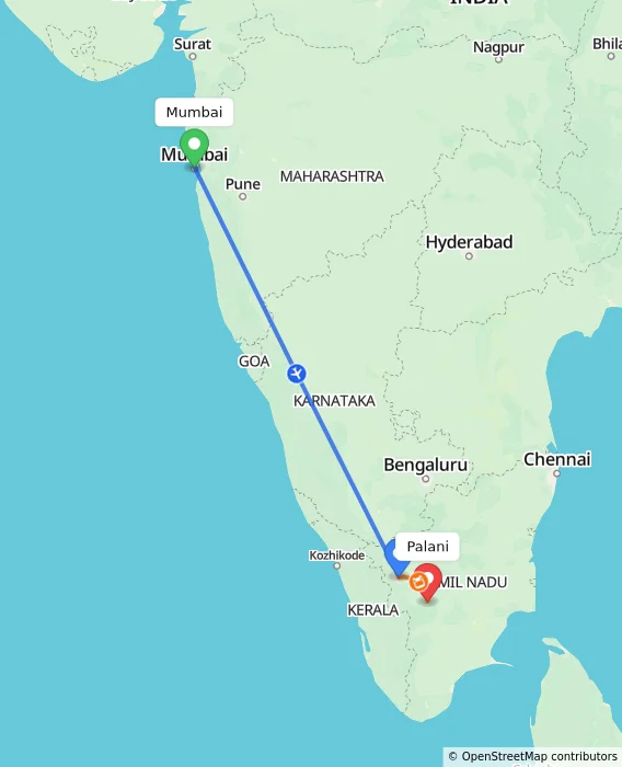 Route map showing distance and travel time from Mumbai, India to Palani, India