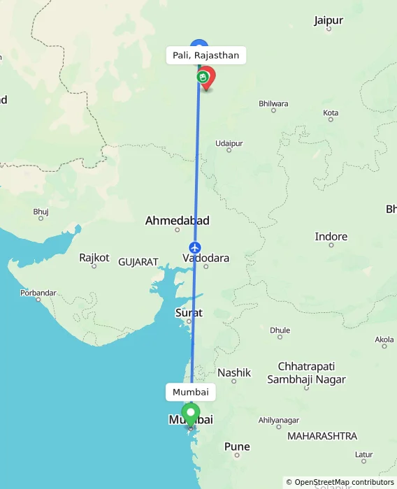 Route map showing distance and travel time from Mumbai, India to Pali, Rajasthan, India