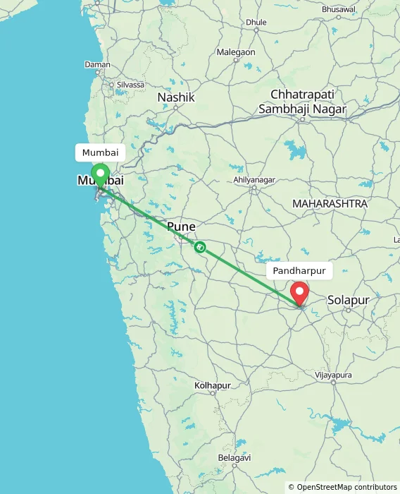 Route map showing distance and travel time from Mumbai, India to Pandharpur, India