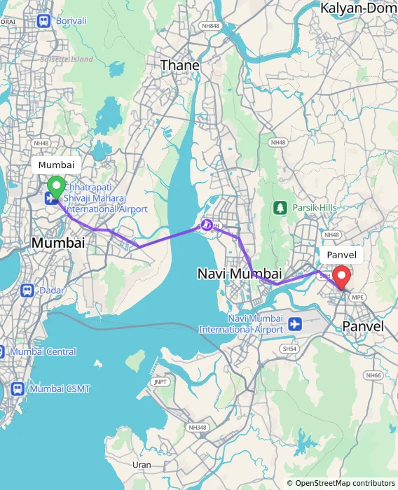 Route map showing distance and travel time from Mumbai, India to Panvel, India
