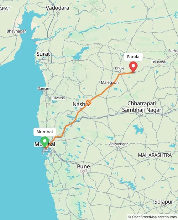Route map showing distance and travel time from Mumbai, India to Parola, India
