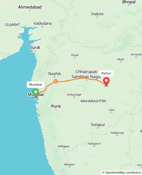 Route map showing distance and travel time from Mumbai, India to Partur, India