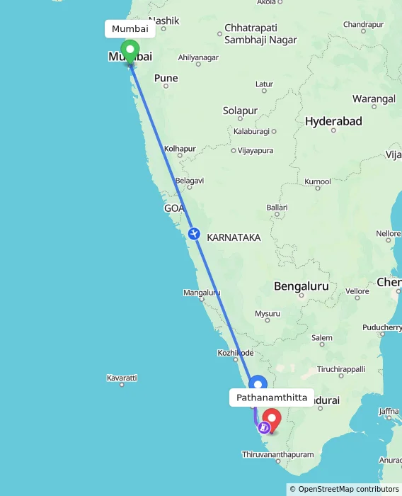 Route map showing distance and travel time from Mumbai, India to Pathanamthitta, India