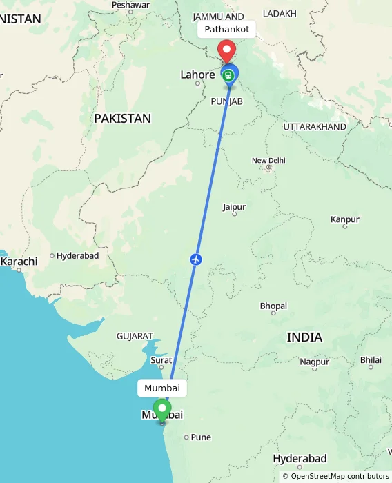 Route map showing distance and travel time from Mumbai, India to Pathankot, India