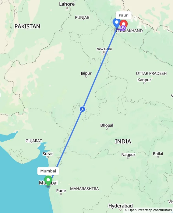 Route map showing distance and travel time from Mumbai, India to Pauri, India