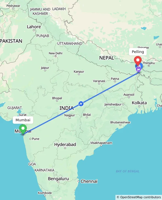Route map showing distance and travel time from Mumbai, India to Pelling, India