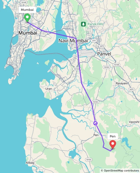 Route map showing distance and travel time from Mumbai, India to Pen, India