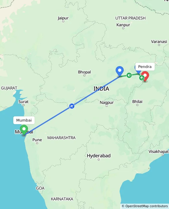 Route map showing distance and travel time from Mumbai, India to Pendra, India