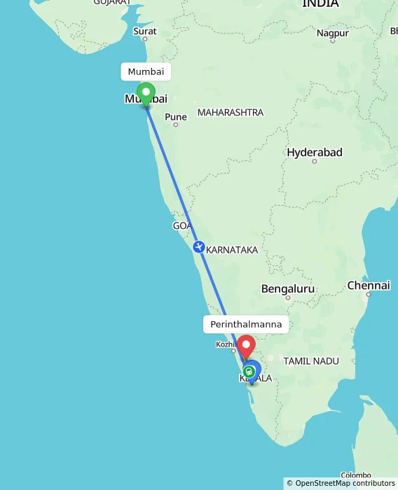 Route map showing distance and travel time from Mumbai, India to Perinthalmanna, India