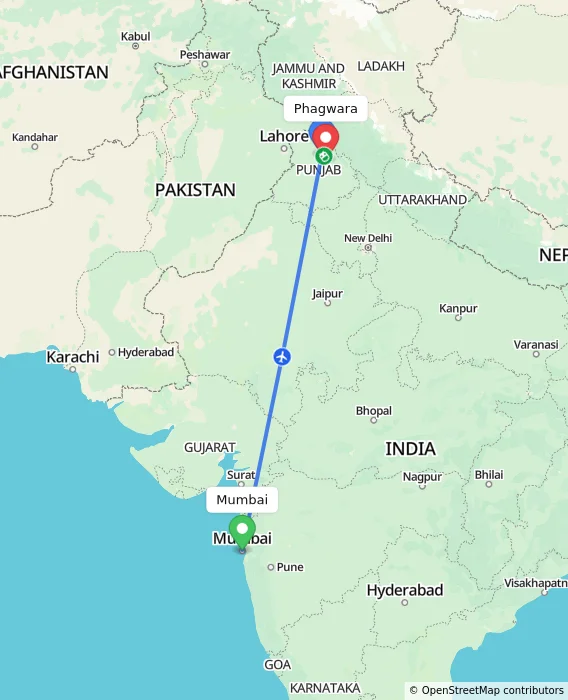 Route map showing distance and travel time from Mumbai, India to Phagwara, India