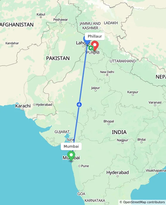 Route map showing distance and travel time from Mumbai, India to Phillaur, India