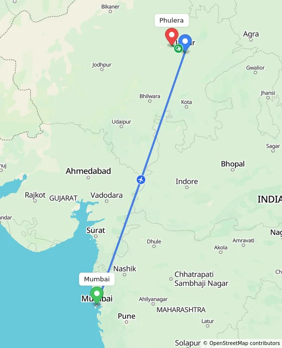 Route map showing distance and travel time from Mumbai, India to Phulera, India