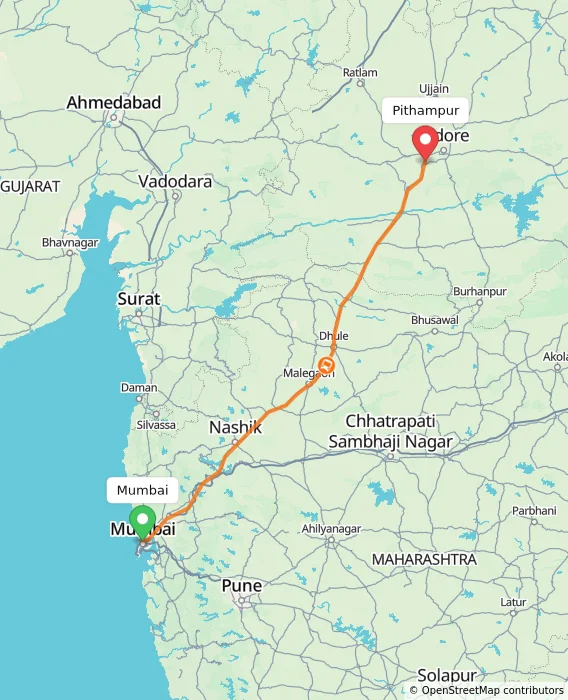Route map showing distance and travel time from Mumbai, India to Pithampur, India