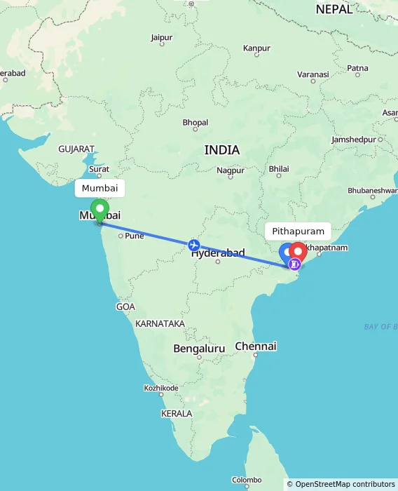 Route map showing distance and travel time from Mumbai, India to Pithapuram, India