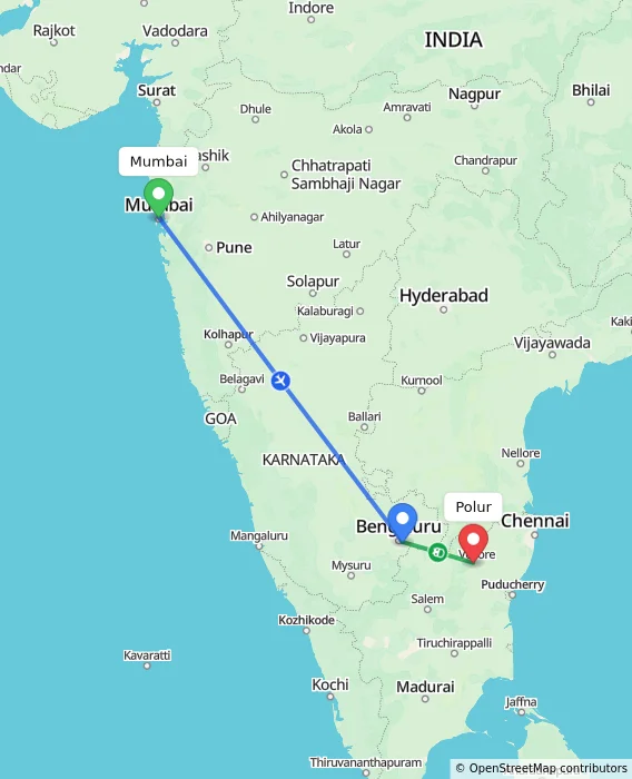 Route map showing distance and travel time from Mumbai, India to Polur, India